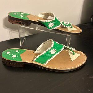 JACK ROGERS Sz 7.5 N Green and White Leather Palm Beach Sandals